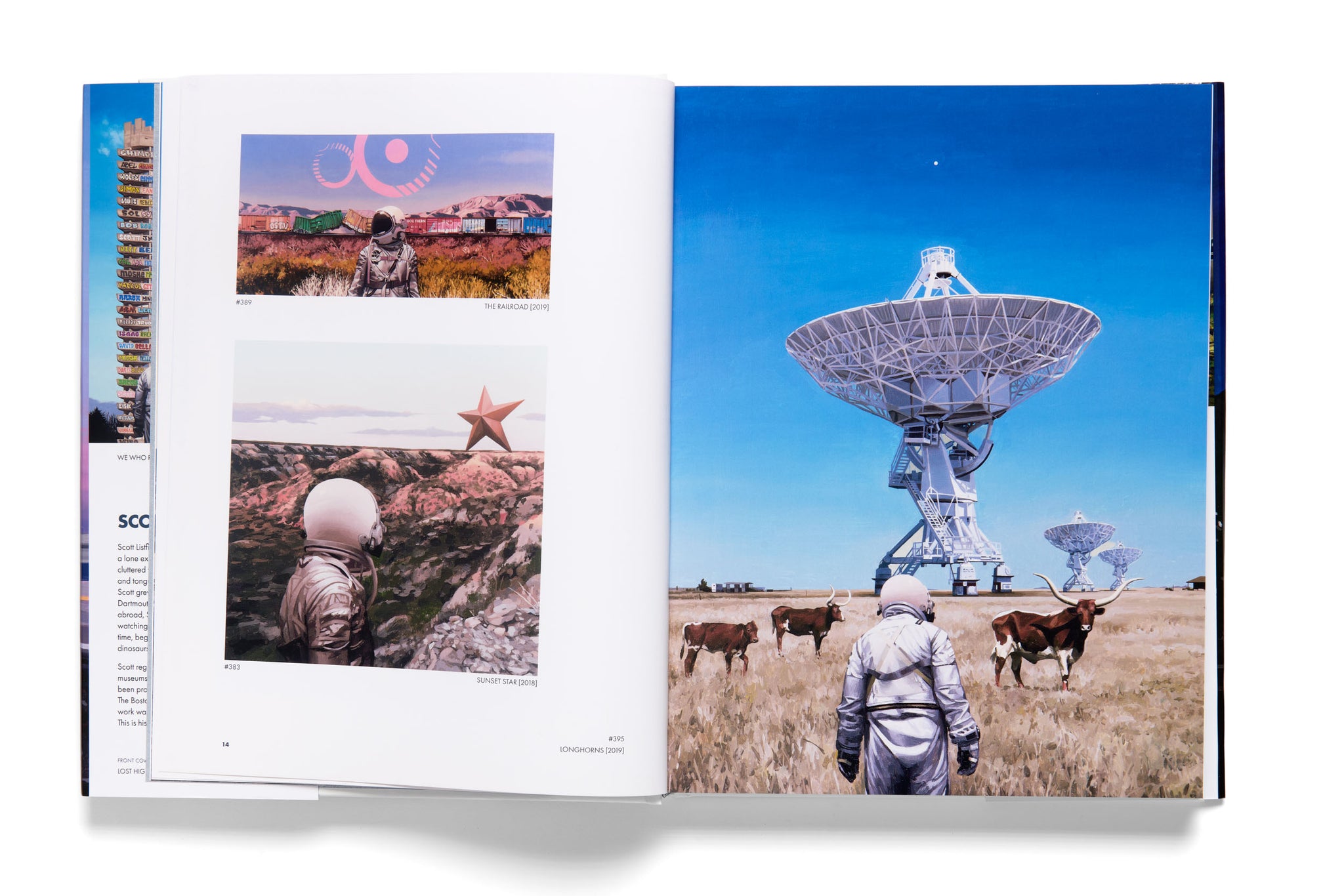 Open book showing images of a satellite dish, people in space suits, and cows in a field.