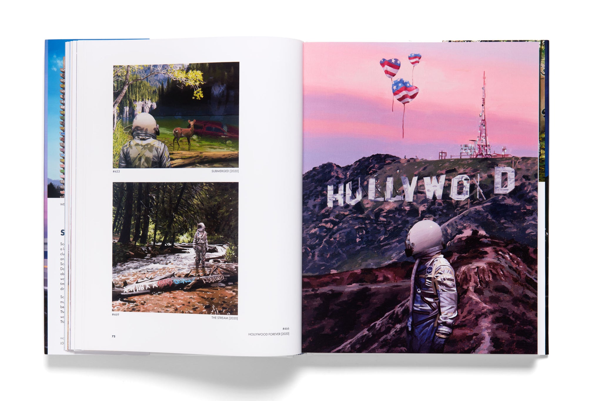 Open book showing images of a person at the Hollywood sign with balloons.