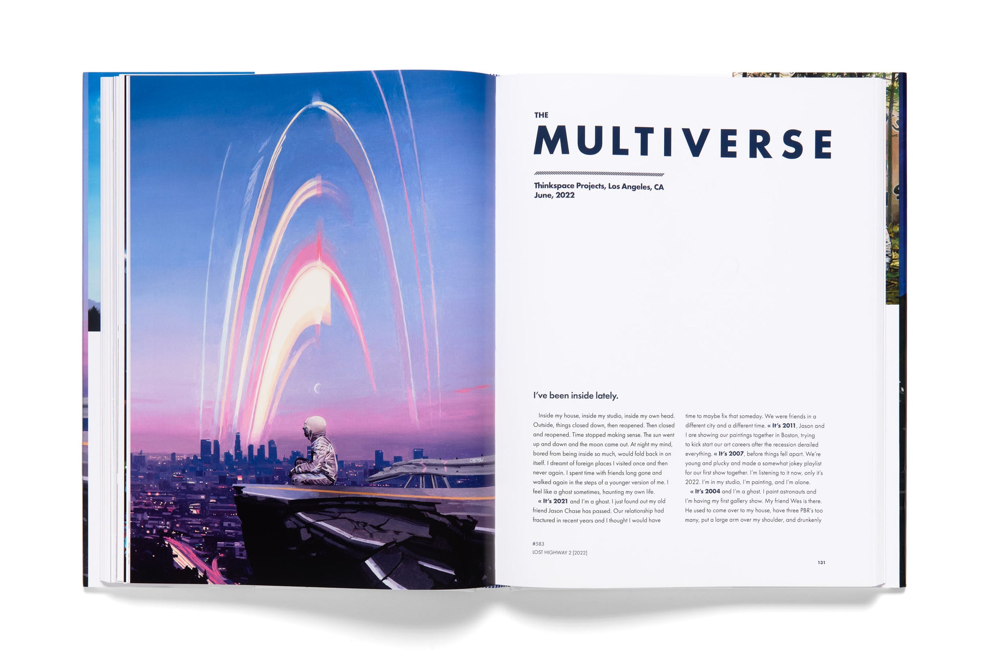 Open book showing a page titled 'The Multiverse' with a cityscape and light display on the left.