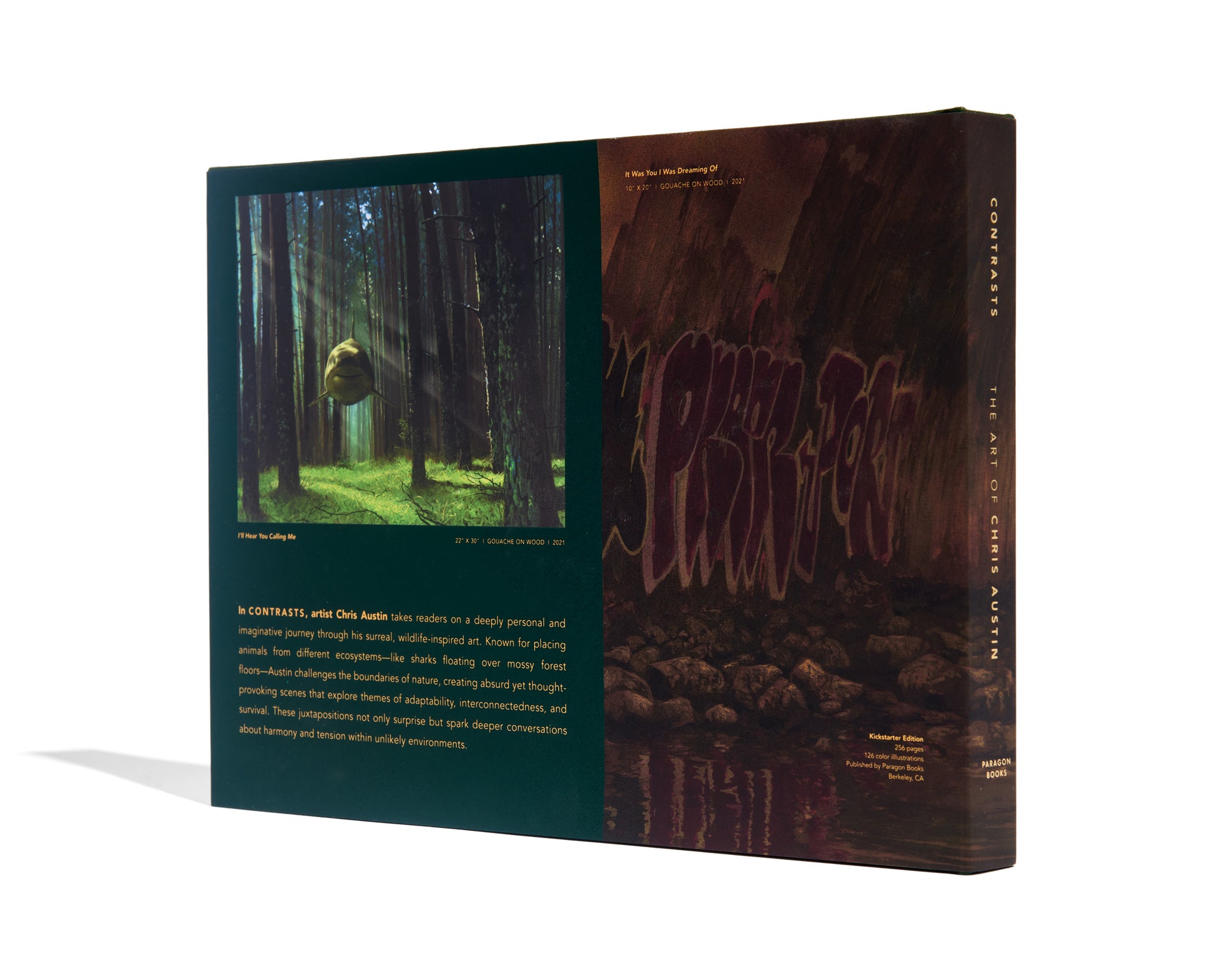 Book cover with a forest scene and text on a white background