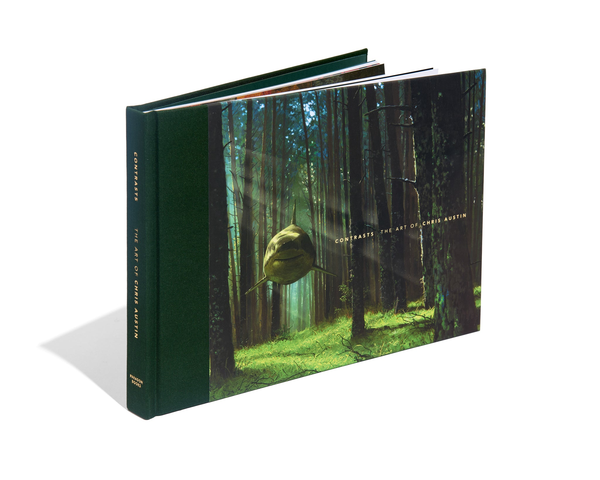 Book cover with a forest design and a deer in the woods