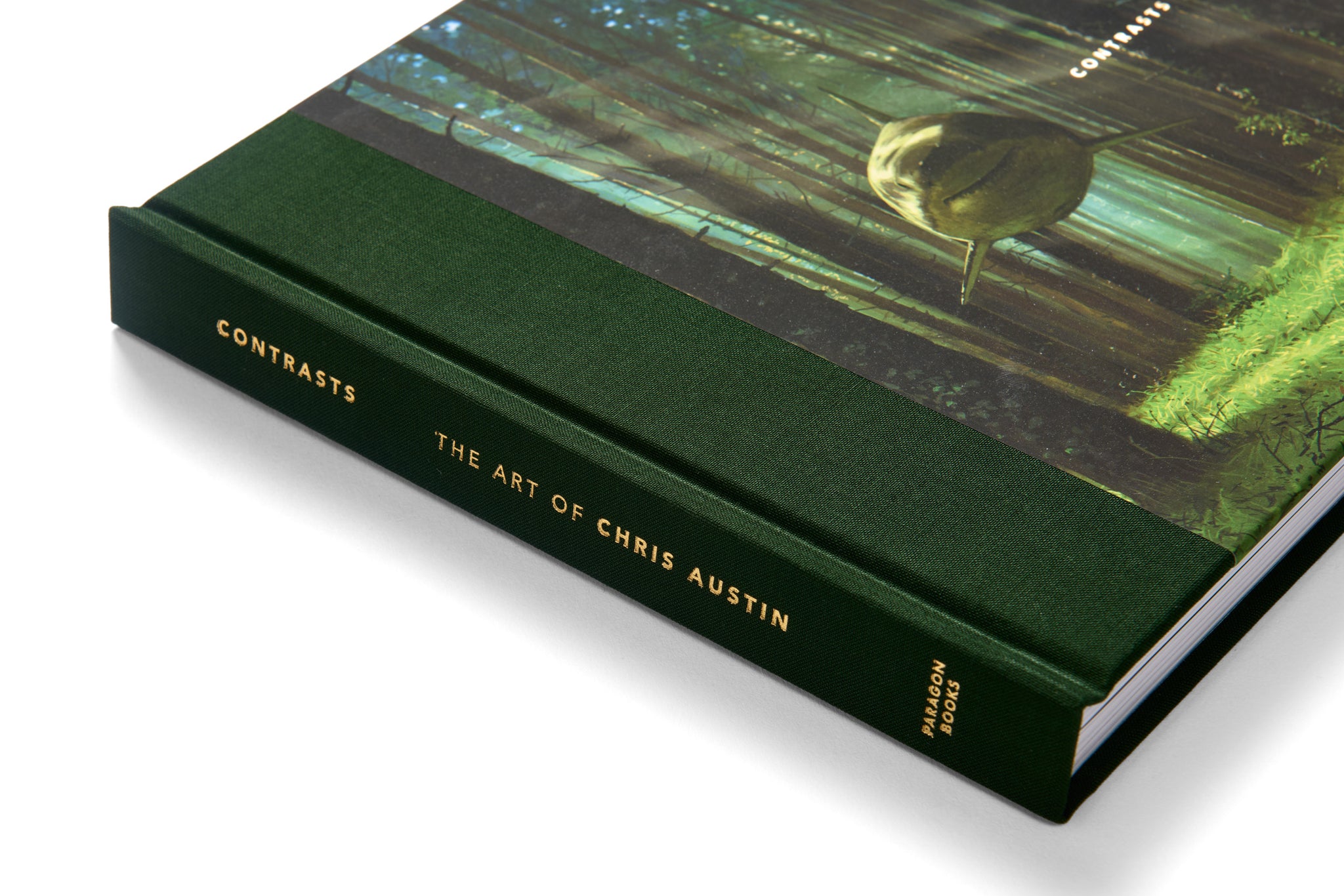 Book titled 'Contrasts: The Art of Chris Austin' with a green cover and visible text.