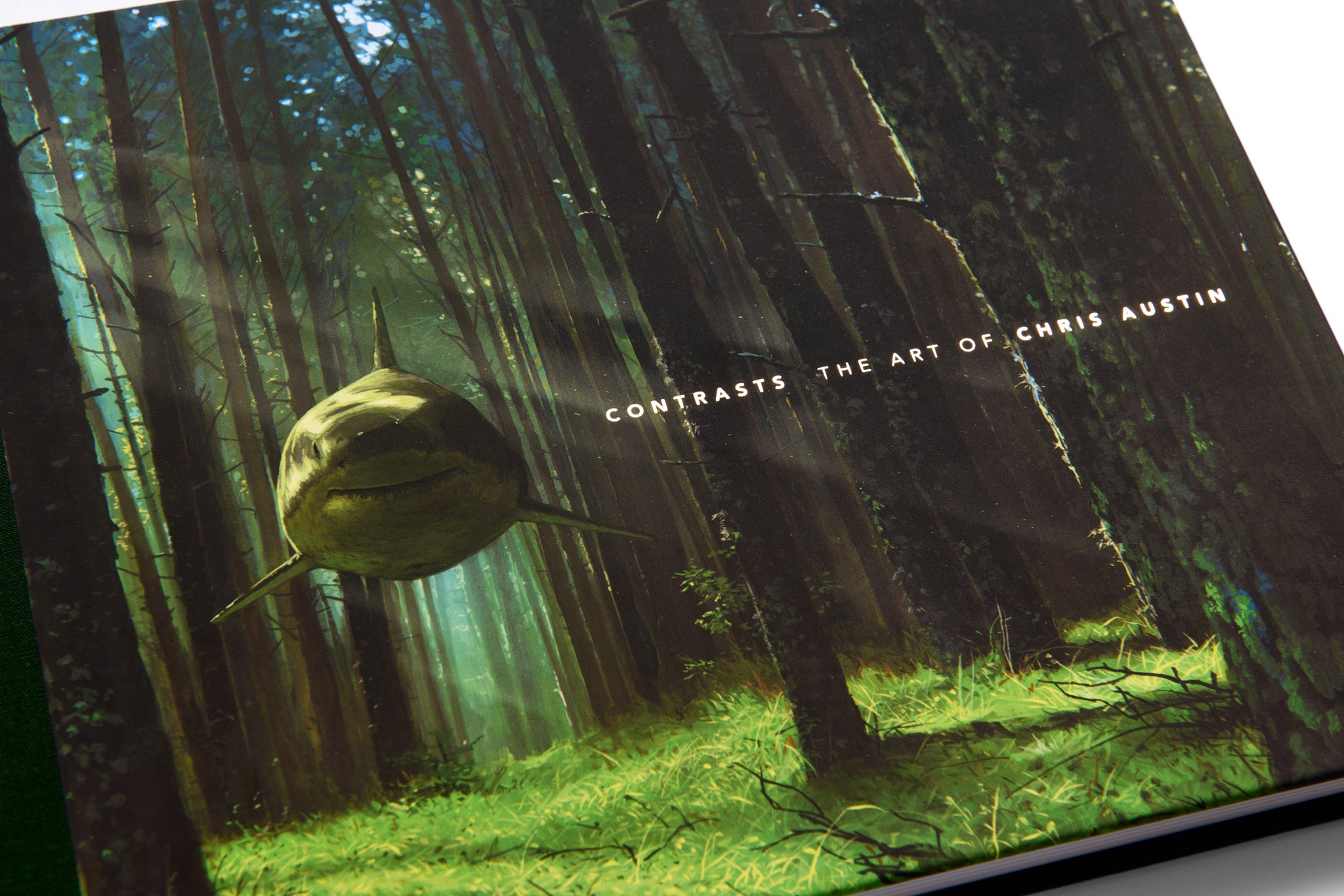 Book cover with a forest scene and text 'Contrasts: The Art of Chris Austin' on a blurred background