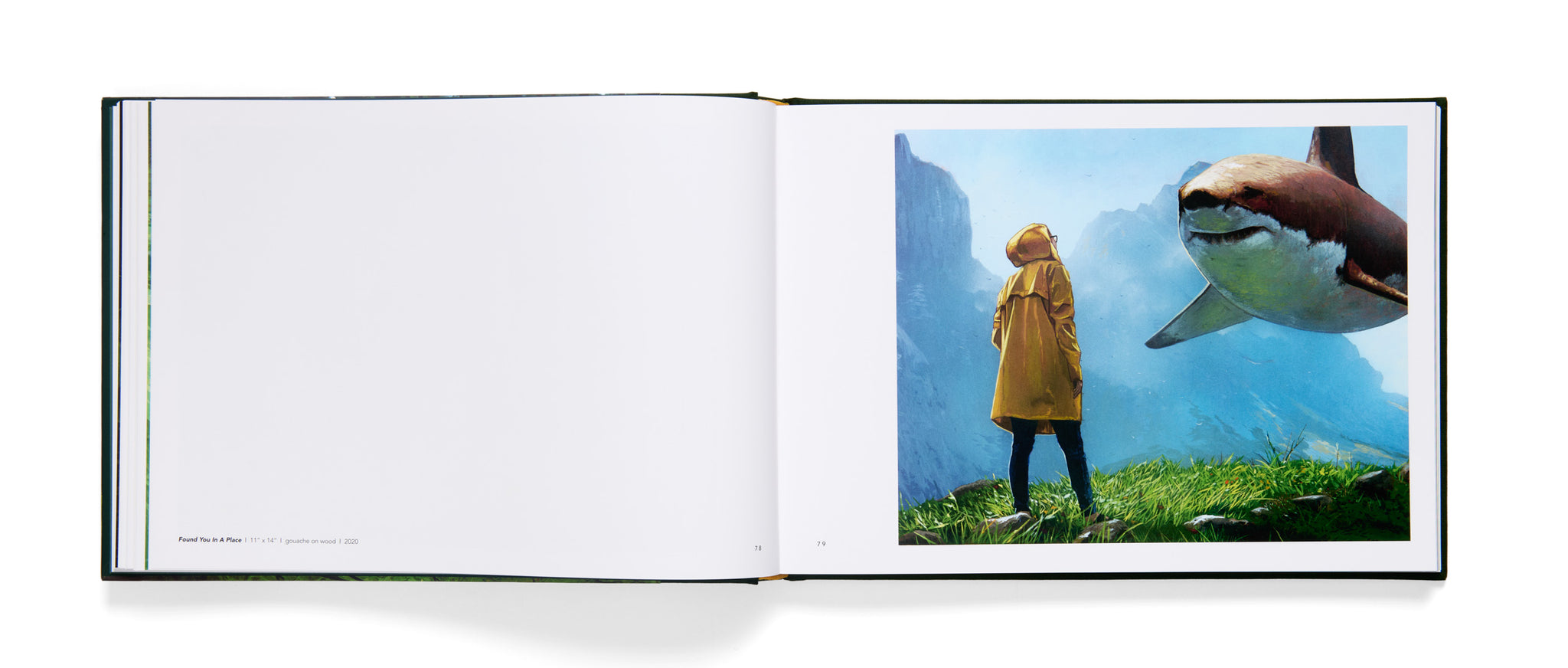 Open book showing a page with a person in a yellow raincoat standing next to a shark underwater.