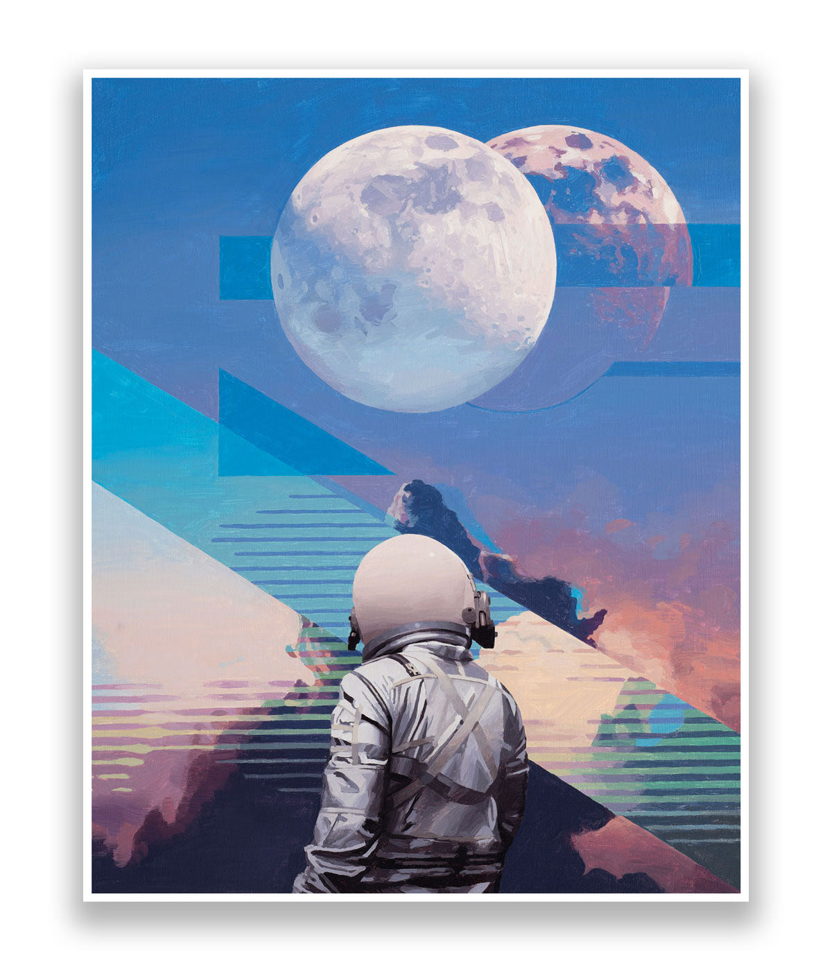 Illustration of an astronaut looking at a double moon in a futuristic setting