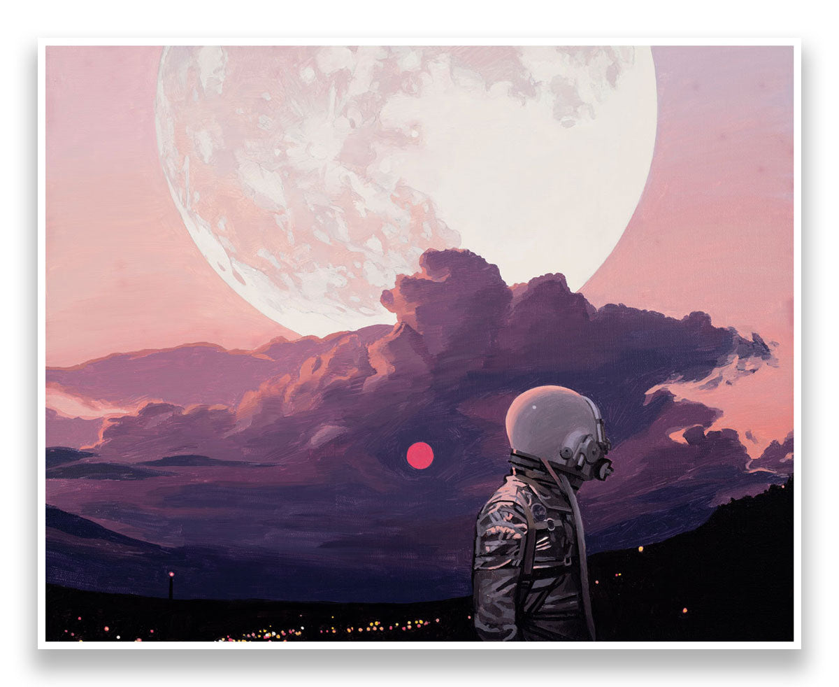 Astronaut in a spacesuit looking at a large moon and another celestial body in a pink and purple sky.